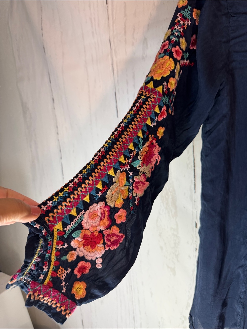 Johnny Was Navy Embroidered Peacock Button-Front Blouse - Picture 6 of 10